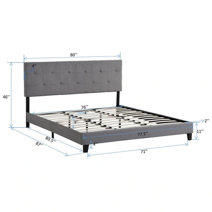 Grey King Linen Upholstered Platform Bed with Tufted Headboard, Strong Wood Slat Support - No Box Spring Needed