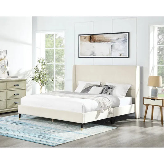 Beige Queen Size Style Platform Bed with Wingback Velvet Headboard