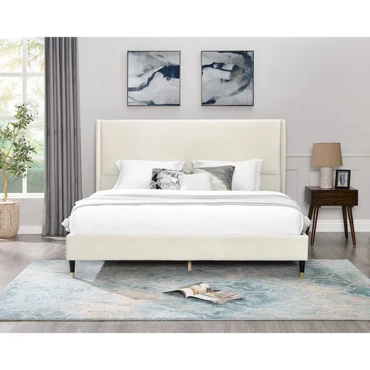 Beige Queen Size Style Platform Bed with Wingback Velvet Headboard