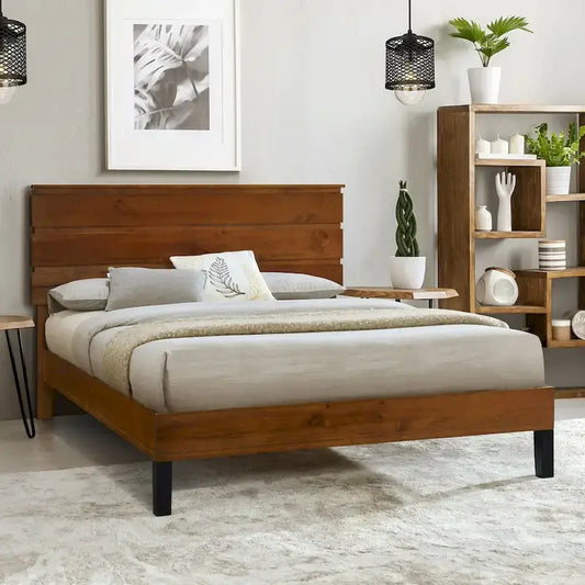 Brown King Size Mid-Century Solid Wood Platform Bed with Three-Piece Headboard