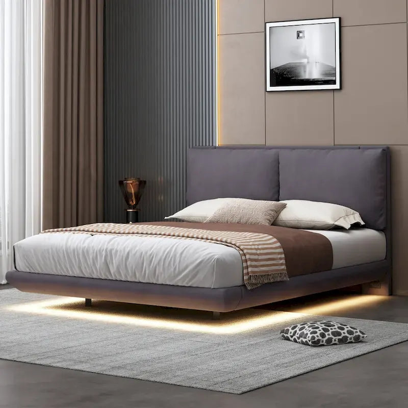 Velvet Floating Platform Bed with Sensor Light