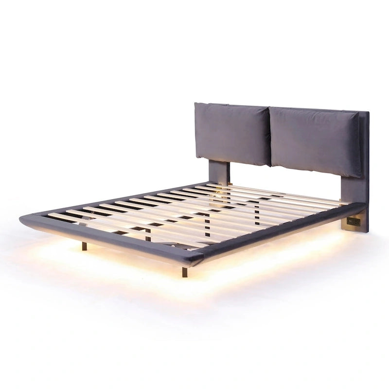 Velvet Floating Platform Bed with Sensor Light