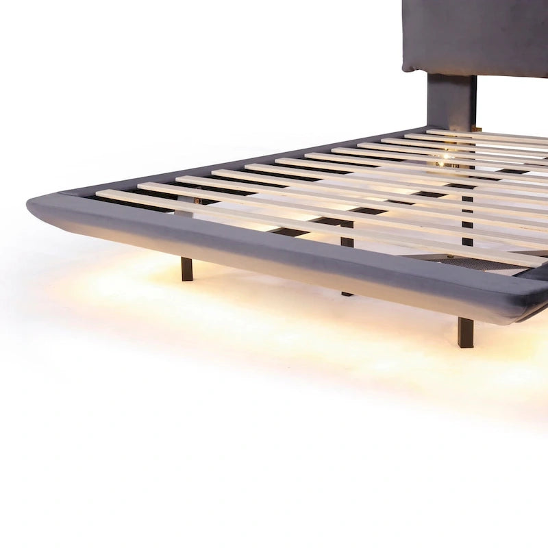 Velvet Floating Platform Bed with Sensor Light
