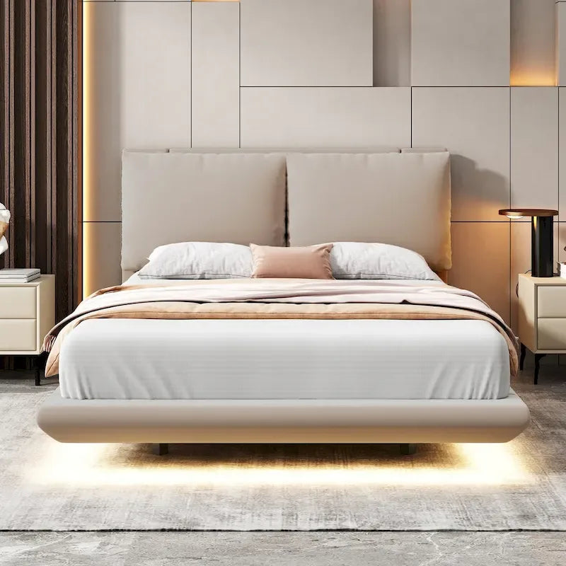 Velvet Floating Platform Bed with Sensor Light