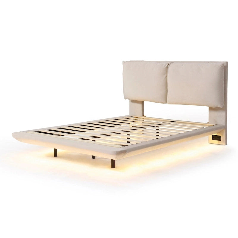 Velvet Floating Platform Bed with Sensor Light