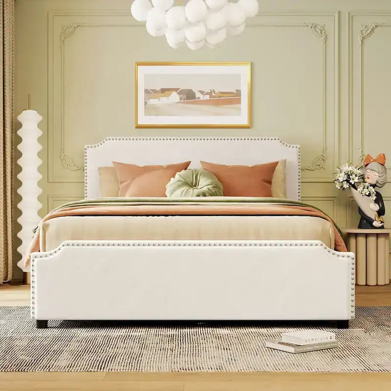 Velvet Queen Platform Bed with 4 Drawers & Nailhead Trim