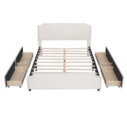 Velvet Queen Platform Bed with 4 Drawers & Nailhead Trim