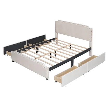 Velvet Queen Platform Bed with 4 Drawers & Nailhead Trim