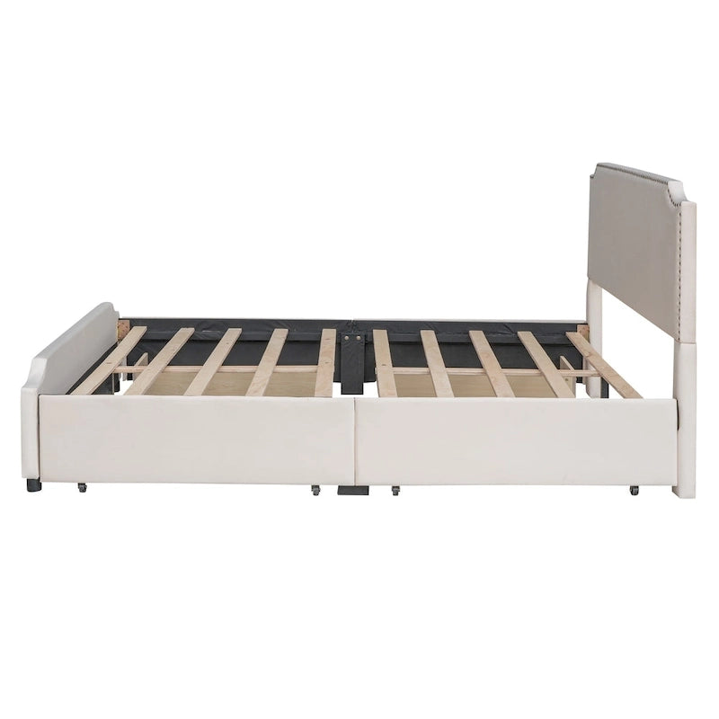 Velvet Queen Platform Bed with 4 Drawers & Nailhead Trim