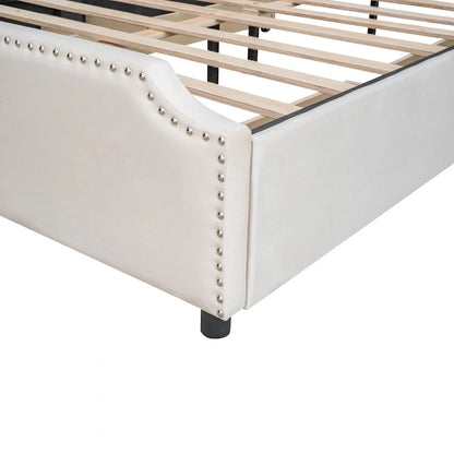 Velvet Queen Platform Bed with 4 Drawers & Nailhead Trim