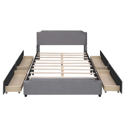 Velvet Queen Platform Bed with 4 Drawers & Nailhead Trim