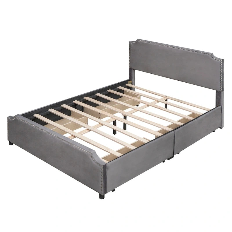 Velvet Queen Platform Bed with 4 Drawers & Nailhead Trim
