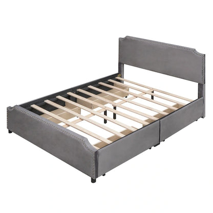 Velvet Queen Platform Bed with 4 Drawers & Nailhead Trim