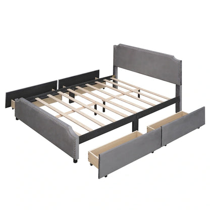 Velvet Queen Platform Bed with 4 Drawers & Nailhead Trim