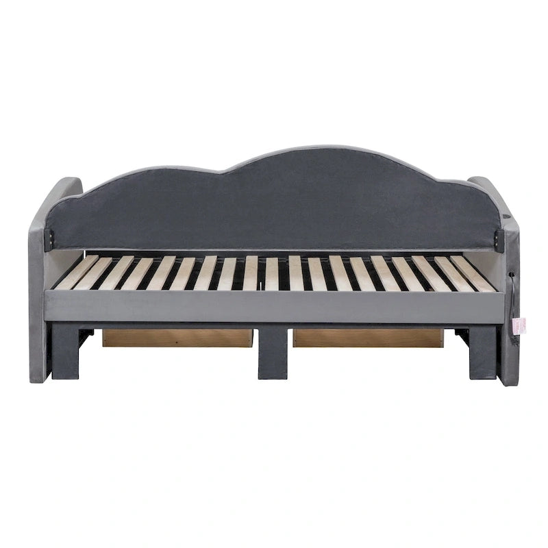 Twin Cloud Velvet Daybed with Trundle, Drawers, and USB