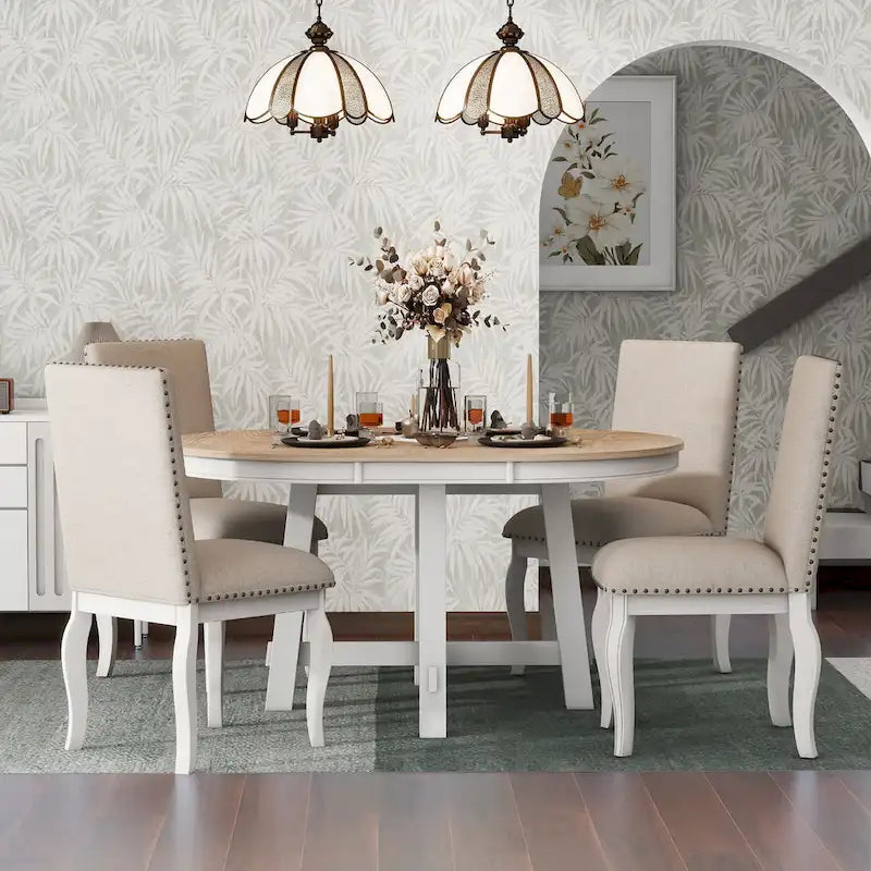 5-Piece Wooden Dining Table Set with Extendable Round Table & 4 Chairs
