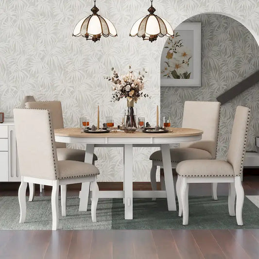 5-Piece Wooden Dining Table Set with Extendable Round Table & 4 Chairs