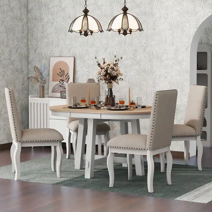 5-Piece Wooden Dining Table Set with Extendable Round Table & 4 Chairs