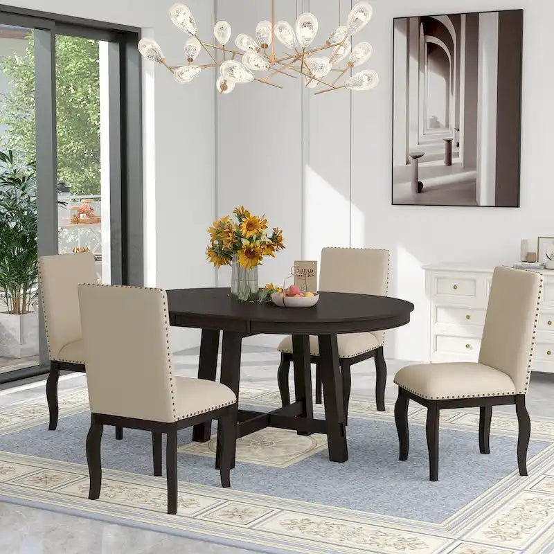 5-Piece Wooden Dining Table Set with Extendable Round Table & 4 Chairs