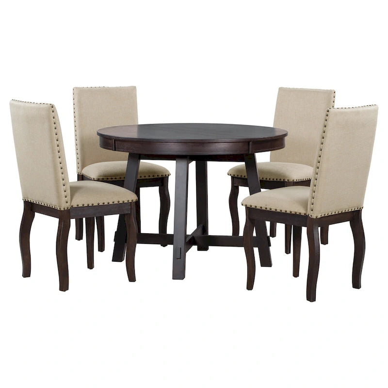 5-Piece Wooden Dining Table Set with Extendable Round Table & 4 Chairs