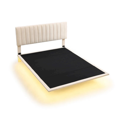 Queen Velvet Floating Bed with Sensor Light and Tufted Headboard