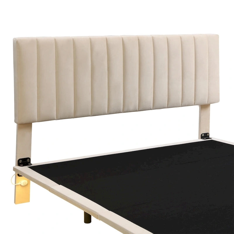Queen Velvet Floating Bed with Sensor Light and Tufted Headboard