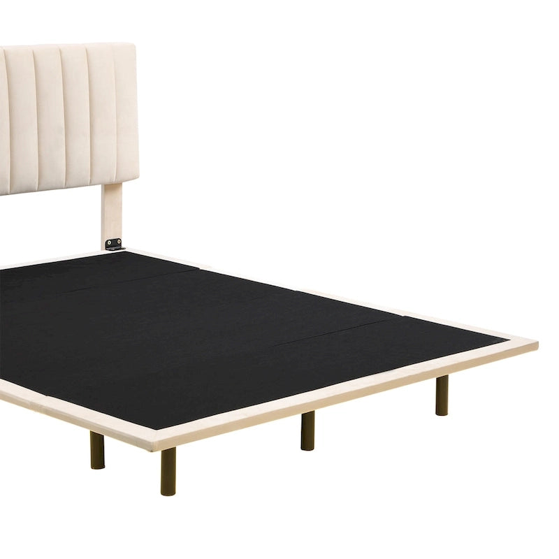 Queen Velvet Floating Bed with Sensor Light and Tufted Headboard