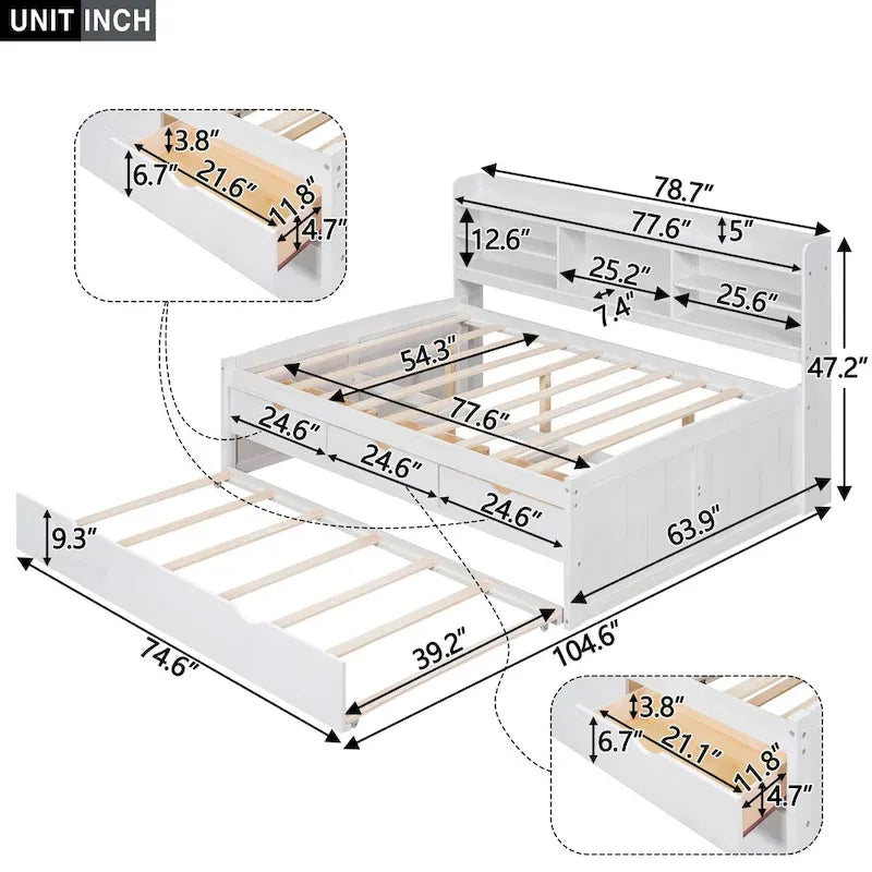 Full Pine Captain Bed with Shelves, Drawers & Trundle