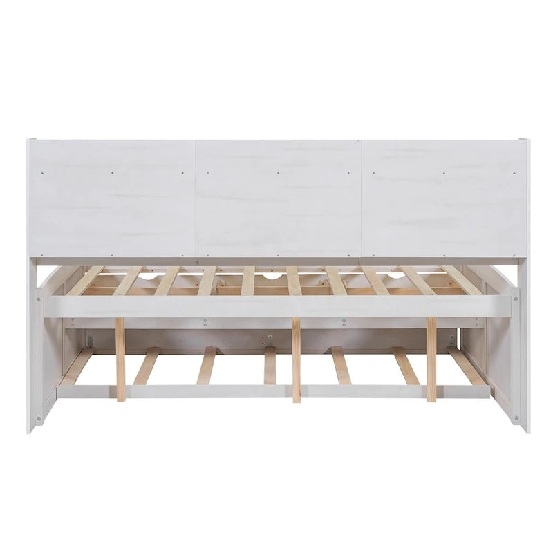 Full Pine Captain Bed with Shelves, Drawers & Trundle