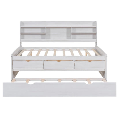 Full Pine Captain Bed with Shelves, Drawers & Trundle