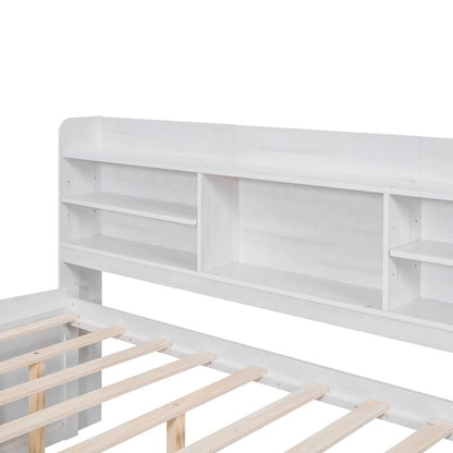 Full Pine Captain Bed with Shelves, Drawers & Trundle