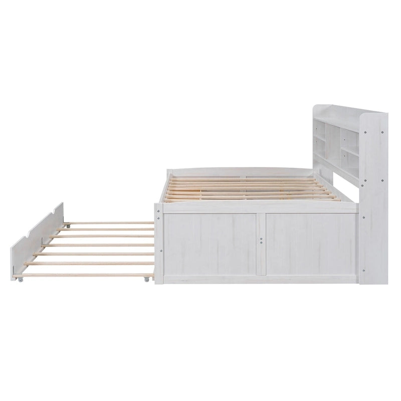 Full Pine Captain Bed with Shelves, Drawers & Trundle