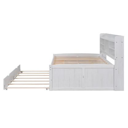 Full Pine Captain Bed with Shelves, Drawers & Trundle