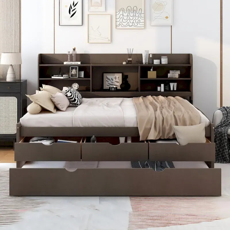 Full Pine Captain Bed with Shelves, Drawers & Trundle