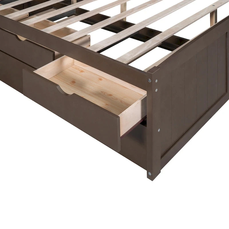 Full Pine Captain Bed with Shelves, Drawers & Trundle