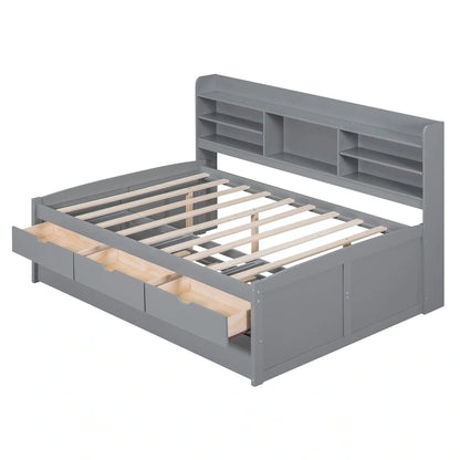 Full Pine Captain Bed with Shelves, Drawers & Trundle