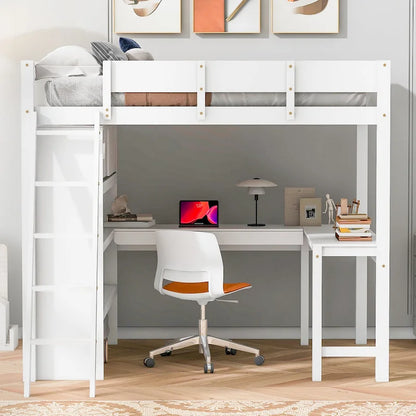 Full Size Solid Wood Loft Bed with Desk and Shelf for Kids