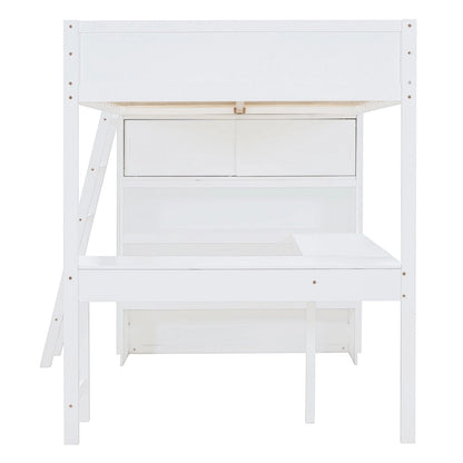Full Size Solid Wood Loft Bed with Desk and Shelf for Kids