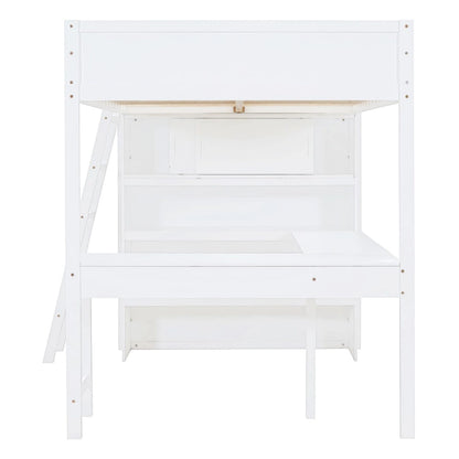 Full Size Solid Wood Loft Bed with Desk and Shelf for Kids