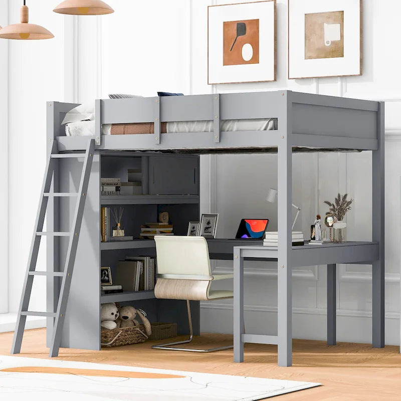 Full Size Solid Wood Loft Bed with Desk and Shelf for Kids