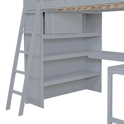 Full Size Solid Wood Loft Bed with Desk and Shelf for Kids
