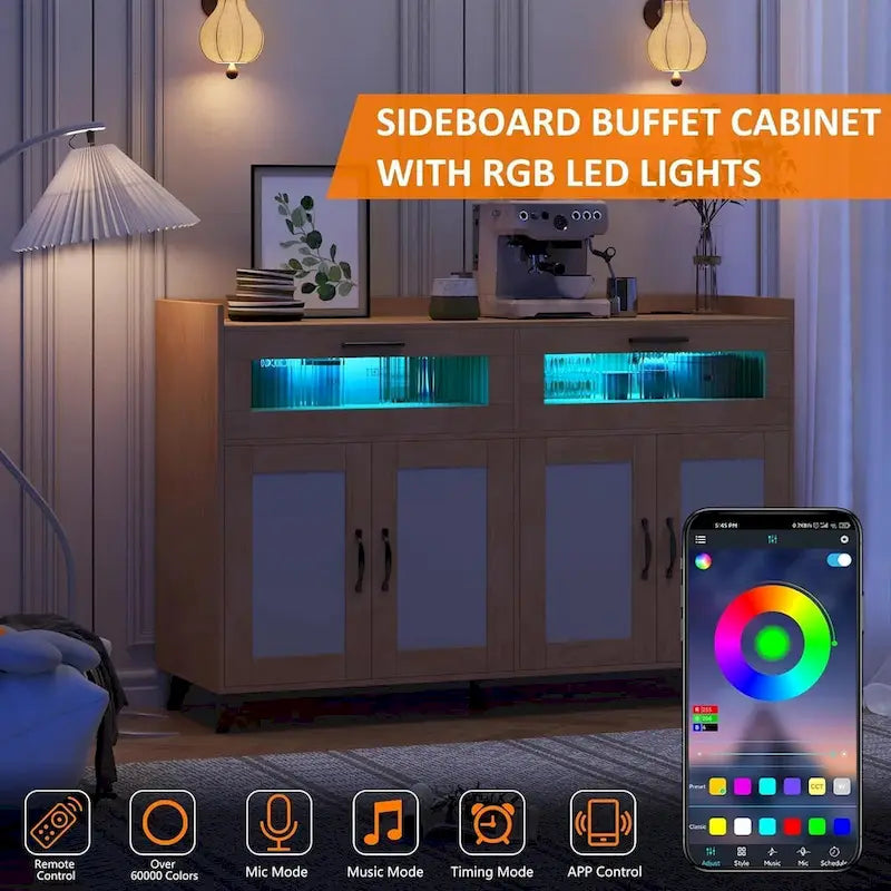 Sideboard Buffet Cabinet with LED Light & Power Outlet Storage Cabinet Coffee Bar Table