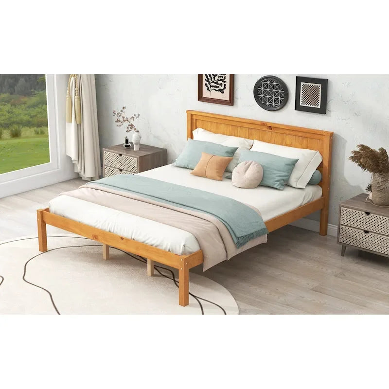 Oak Platform Bed Frame with Headboard, Wood Slat Support
