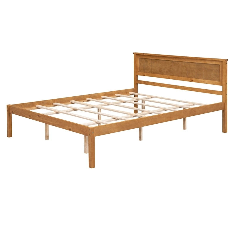 Oak Platform Bed Frame with Headboard, Wood Slat Support