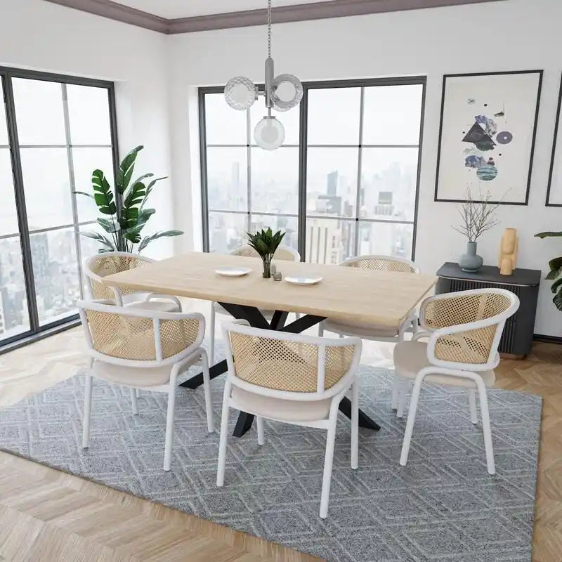 Ervilla Modern Stylish Side Chair with Rattan Back and White Steel Legs for Dining Room & Kitchen