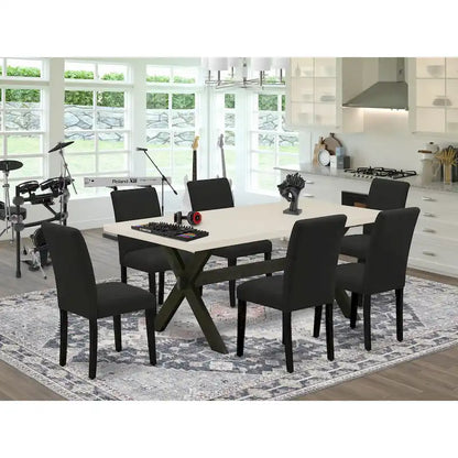 East West Furniture Dining Furniture Set- a Dining Table & Black Color Linen Fabric Upholstered Chairs, Black(Pieces Option)