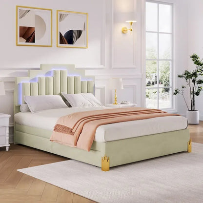 Queen Size Upholstered Platform Bed with LED Lights and 4 Drawers