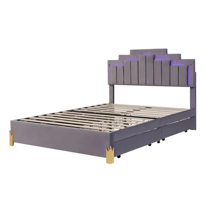 Queen Size Upholstered Platform Bed with LED Lights and 4 Drawers