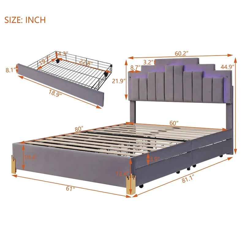 Queen Size Upholstered Platform Bed with LED Lights and 4 Drawers