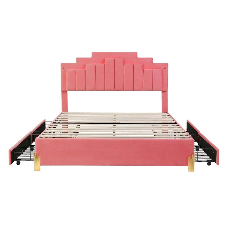 Queen Size Upholstered Platform Bed with LED Lights and 4 Drawers